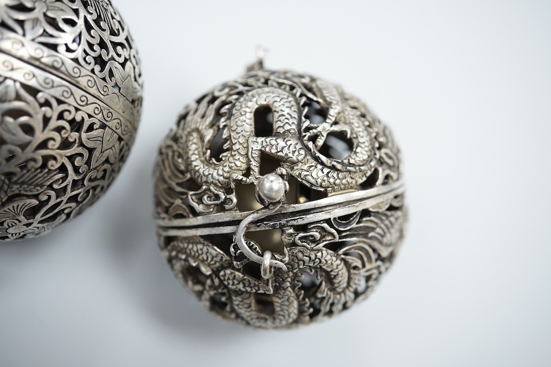 Two Chinese white metal pomanders